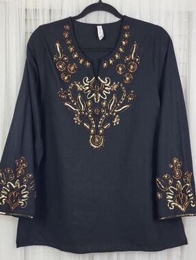 ETHNC Embroidered Black Women's Tunic Top with Gold Accents. Size M